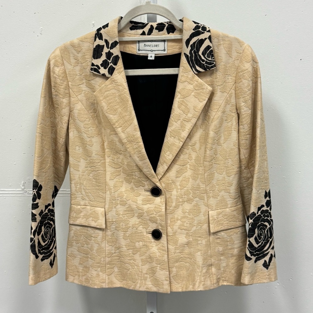 Annelore Jacquard Classic Floral Women’s Blazer Jacket Beige Black Sz 8